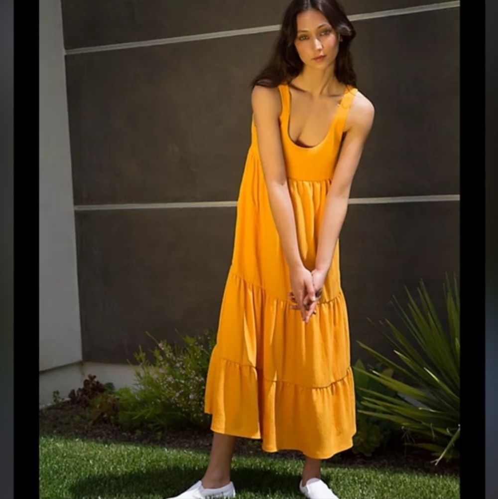 Free People FP Beach Real Love Midi Dress Yellow Orangeade Sleeveless S Tiered